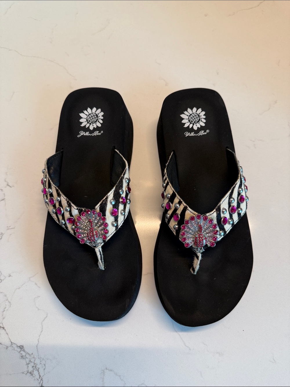 Yellow Box Black Sandal Thongs with Pink Gem Embellishments